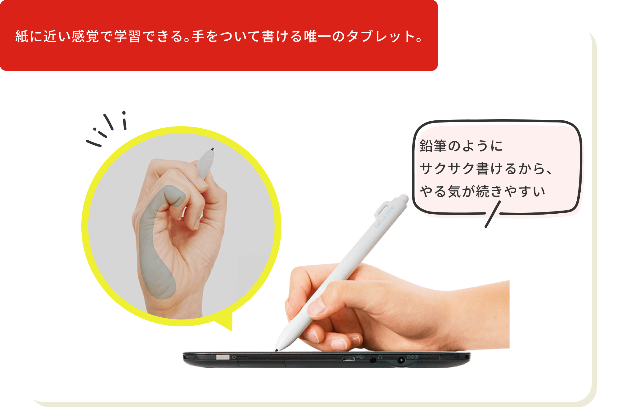 紙に近い感覚で書ける、手をついて書けるタブレット